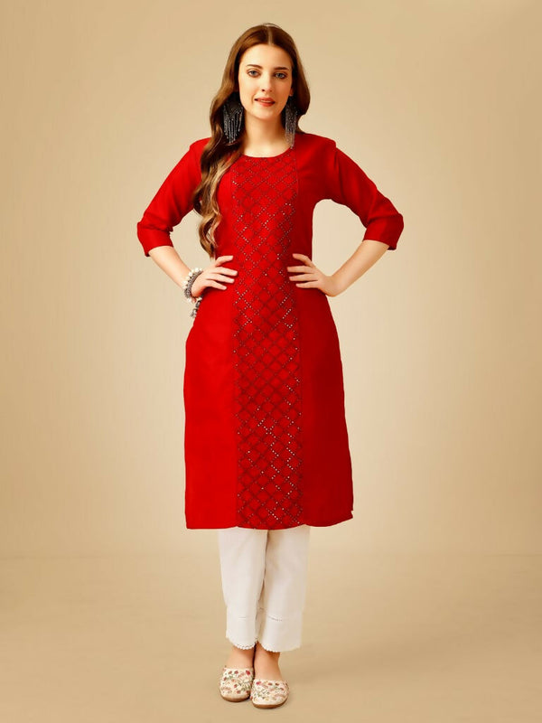 Jyoti Fashion Women's Red Cotton Blend Embroidered Kurta Pant Set - Distacart