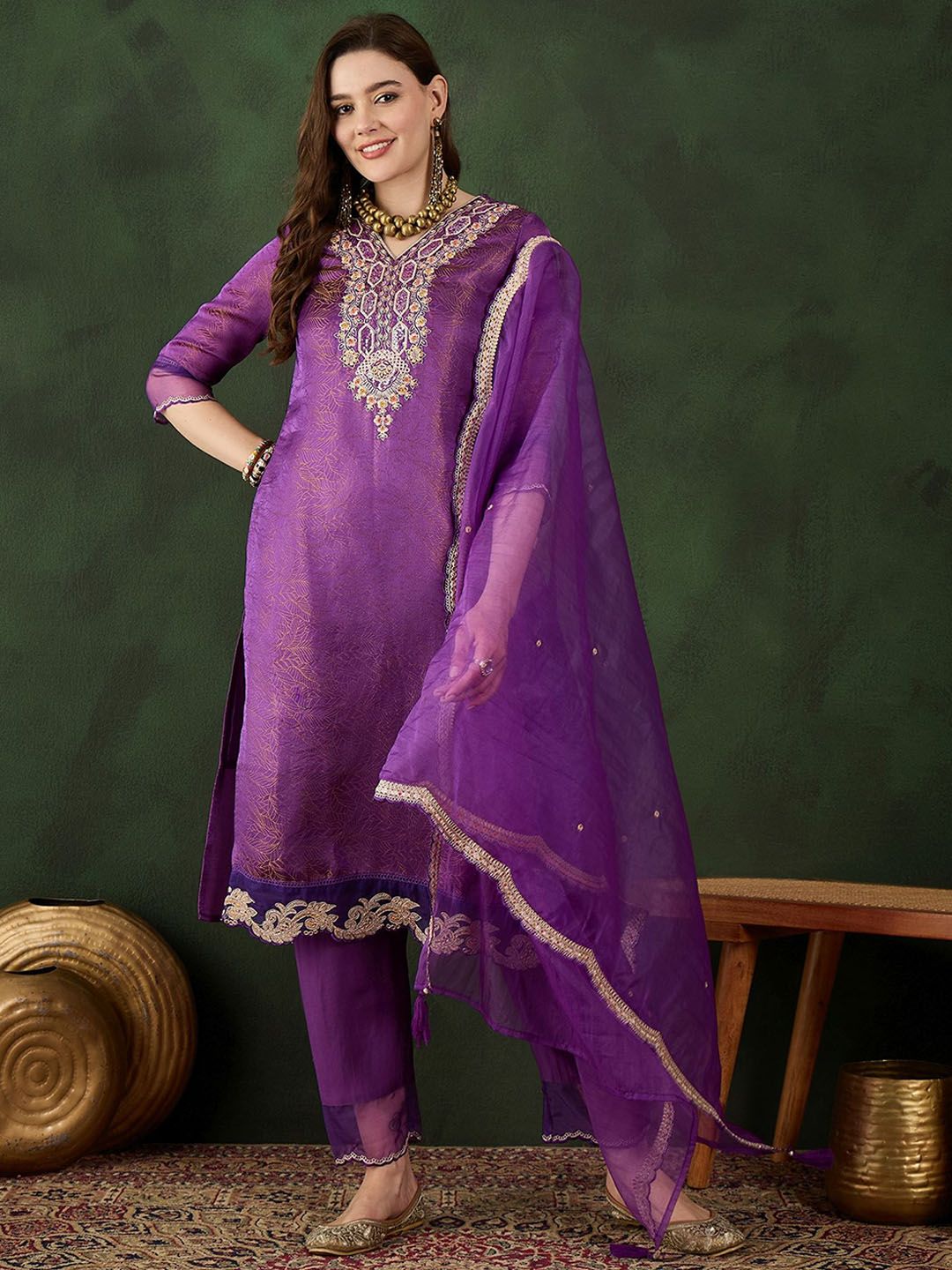 Sangria Embroidered Kurta & Trouser With Dupatta - Distacart
