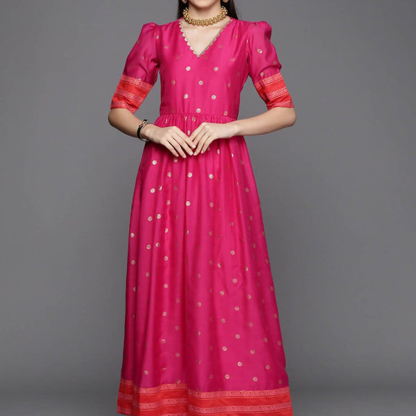 Ahalyaa Women's Pink Chanderi Gold Foil Print Dress - Distacart
