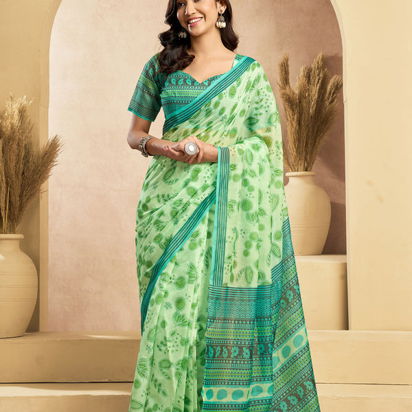 Vastranavya Mint Green Digital Printed Linen Ready To Wear Designer Saree with Unstitched Blouse - Distacart