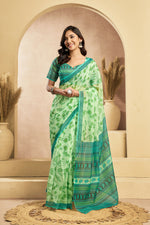 Thumbnail for Vastranavya Mint Green Digital Printed Linen Ready To Wear Designer Saree with Unstitched Blouse - Distacart