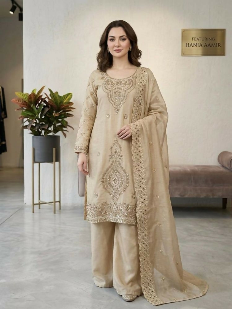 Teeya Creation Cream Color Gimmychu Silk Embroidery Work Wedding Wear Salwar Suit - Distacart