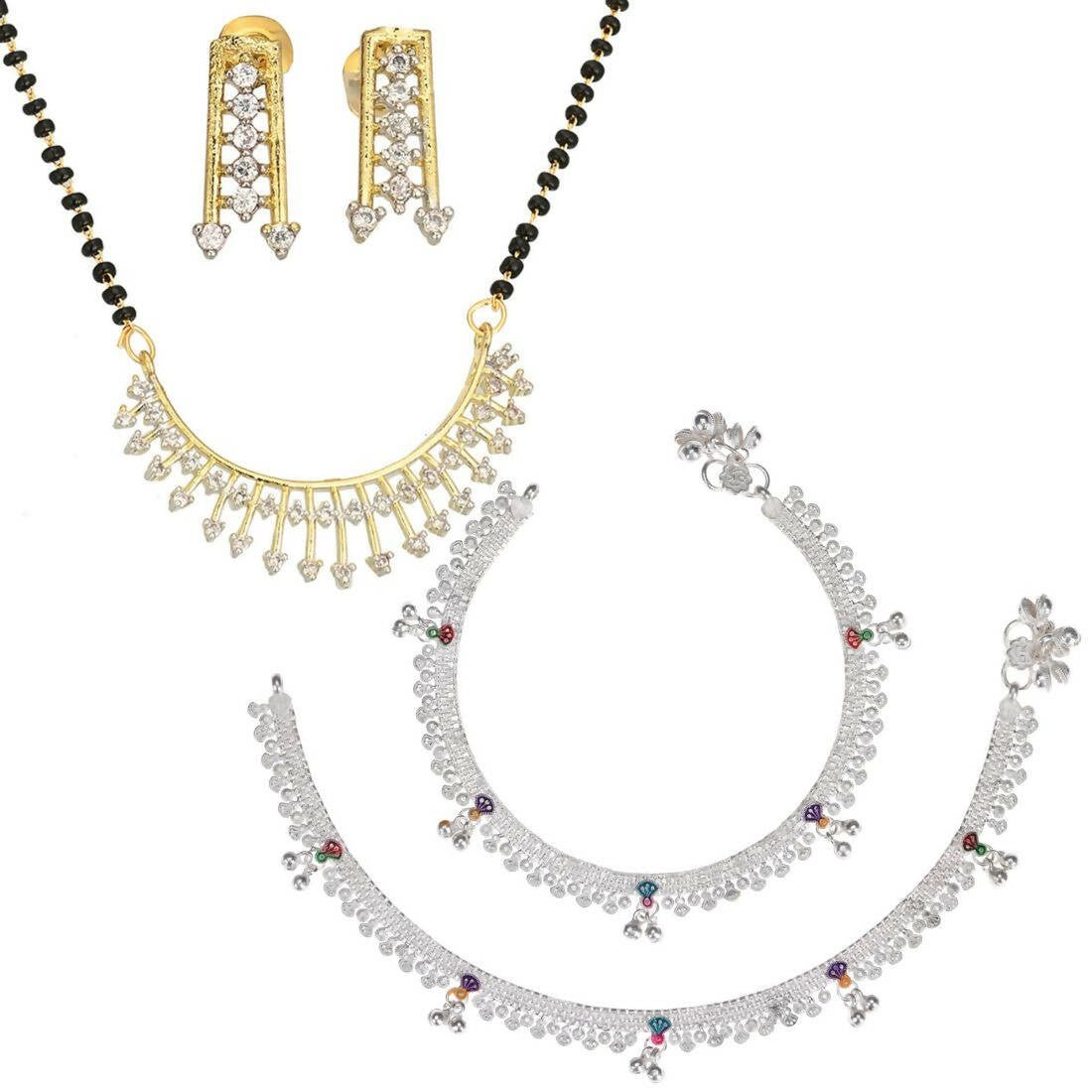 AanyaCentric Gold-plated Mangalsutra Pendant Earring Set & Silver Plated Anklet - Distacart