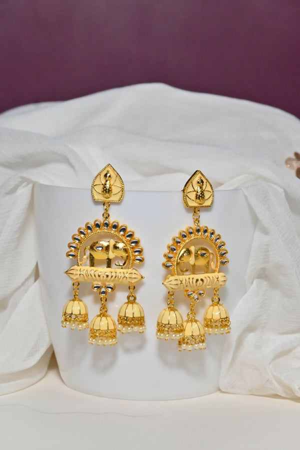 Beige Traditional Gold-Polished Elephant Design Kundan Jhumka Jhumki Earrings Indian Jewellery For Women & Girls By House of Ree - Distacart