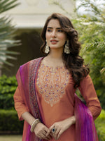 Thumbnail for The52 Orange Women's Gorgeous Embroidered Rayon Fabric with Straight Kurta, Pant and Dupatta Set - Distacart