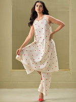 Thumbnail for Sangria Off White Geometric Printed Round Neck A-Line Pure Cotton Kurta With Palazzos