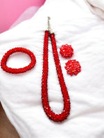 Thumbnail for Inhanns Complete Look Crystal Statement 3-Piece Set (Adjustable Necklace + Earrings + Adjustable Bangle ) - Red - Distacart