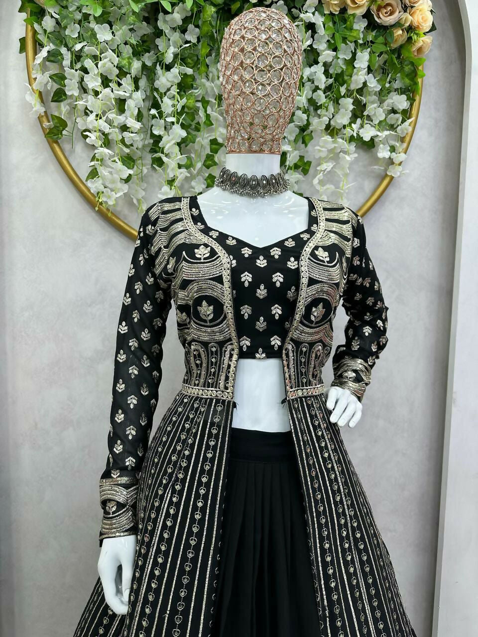 Jyoti Fashion Women's Black Faux Georgette Sequins with Thread Embroidered Designer Lehenga Choli with Shrug Set - Distacart