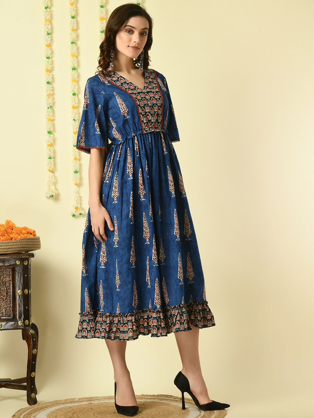 Myshka Women's Blue Printed Cotton Party Dress - Distacart