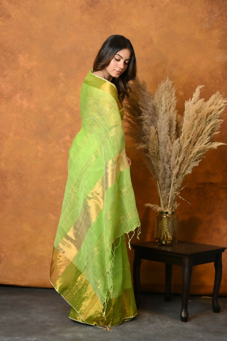 Very Much Indian Handloom Pure Cotton Linen Saree With Golden Border - Light Green - Distacart