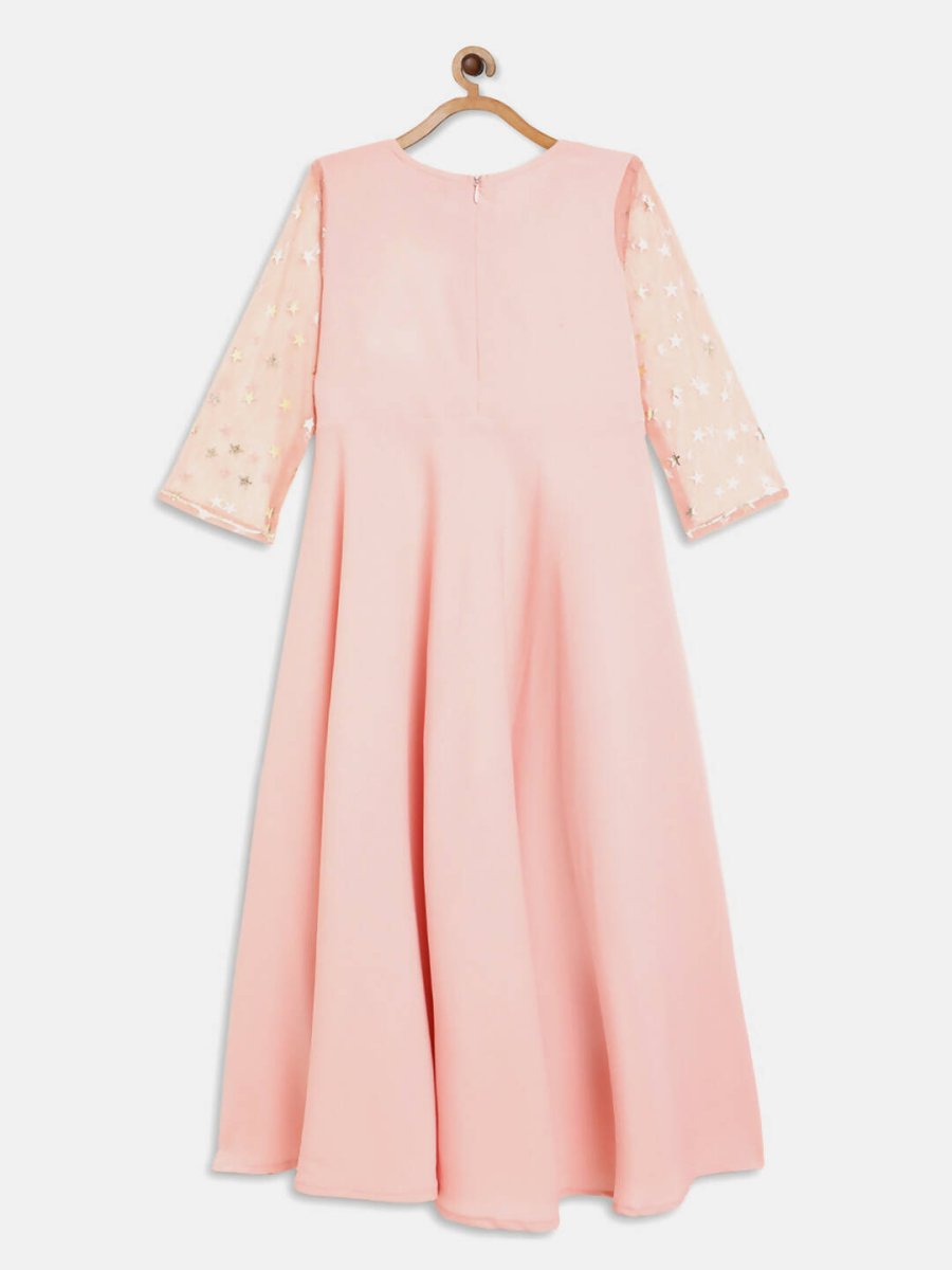 Ahalyaa Pink Crepe & Net Foil Print Kids Dress For Girls - Distacart