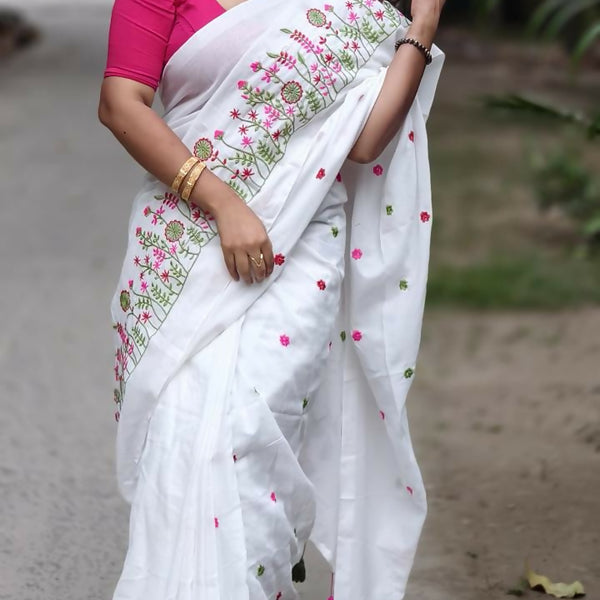 Exclusive Collection White Pure Cotton Handloom Embroidered Saree