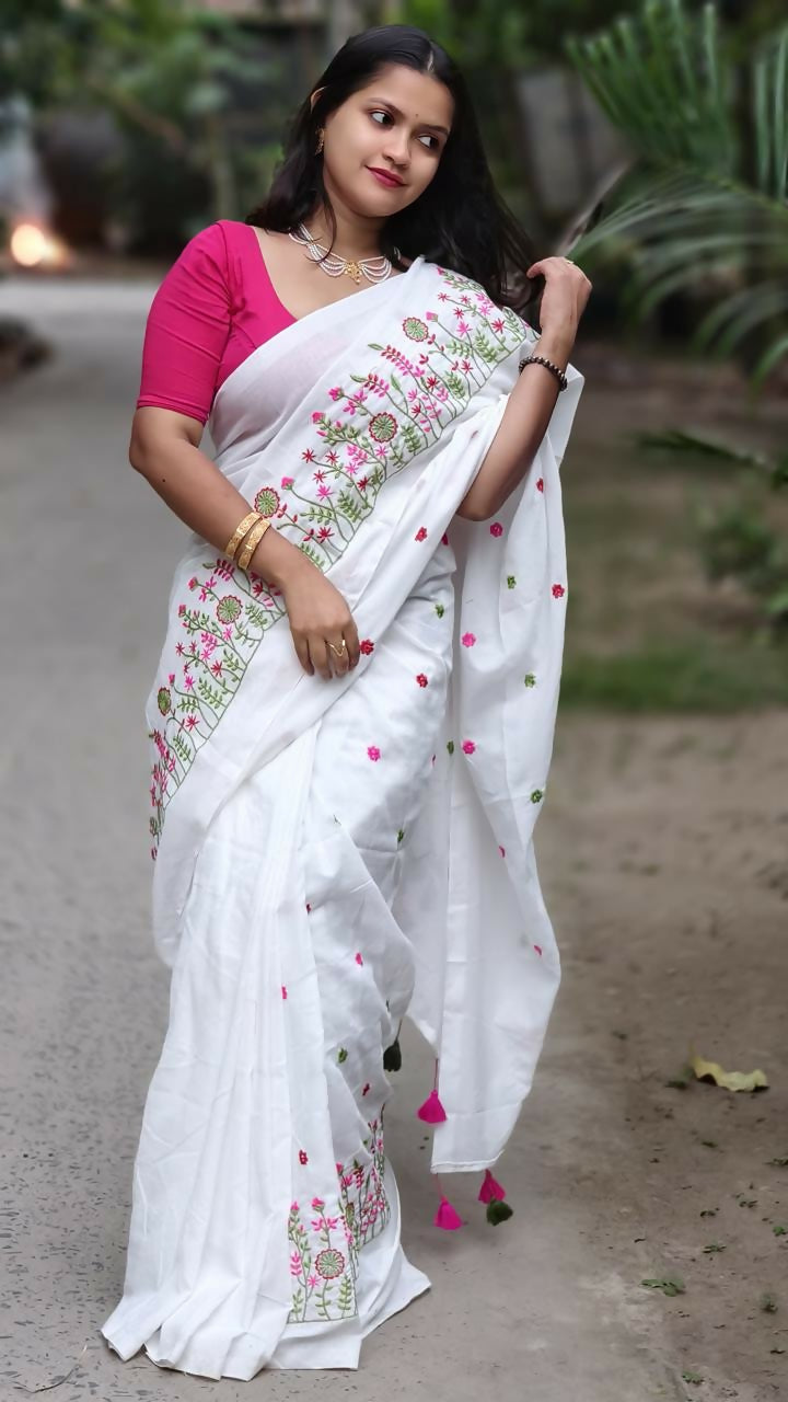 Exclusive Collection White Pure Cotton Handloom Embroidered Saree - Dista