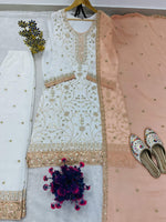 Thumbnail for Teeya Creation White Color Faux Georgette Embroidery Work Long Party Wear Palazzo Suit - Distacart