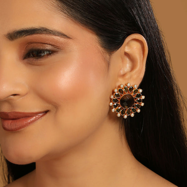 Nuyug 22K Gold Plated Faux Smoky Quartz & Crystal Studded Contemporary Floral Studs - Distacart