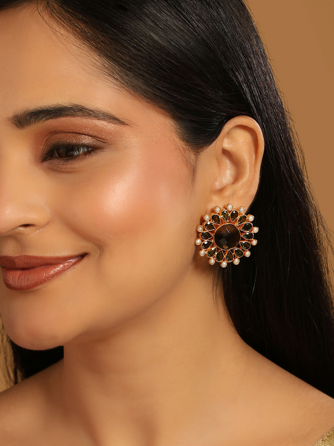 Nuyug 22K Gold Plated Faux Smoky Quartz & Crystal Studded Contemporary Floral Studs - Distacart