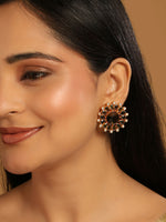 Thumbnail for Nuyug 22K Gold Plated Faux Smoky Quartz & Crystal Studded Contemporary Floral Studs
