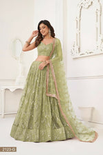 Thumbnail for Aastha Fashion Pista Green Butterfly Net Tone To Tone Thread Work, Sequence Work And Original Mirror Work Embroidery Wedding Wear Lehenga Choli - Distacart