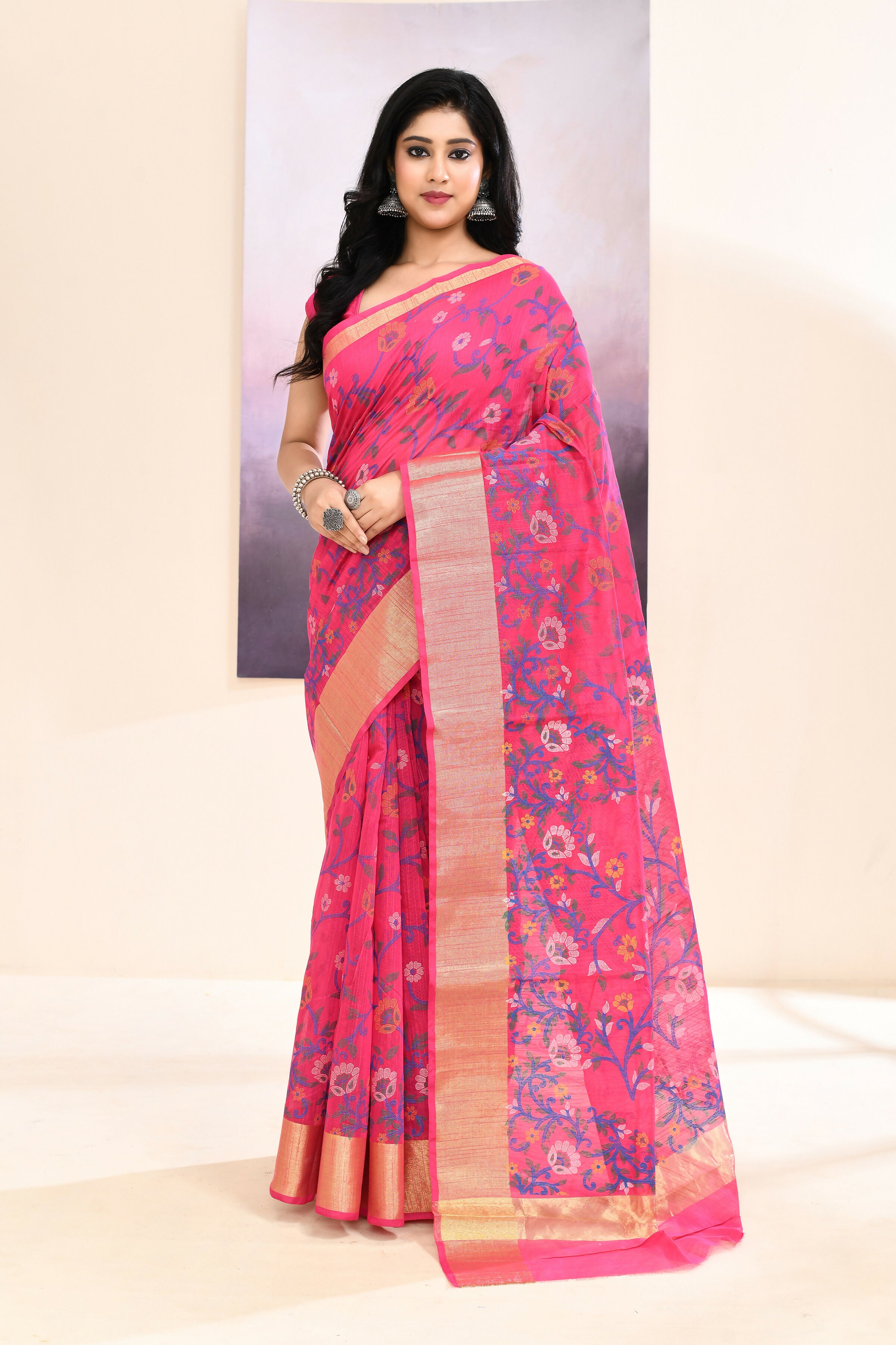 Piyari Fashion Women's Pink Embellished Cotton Blend Printed Saree - Dista