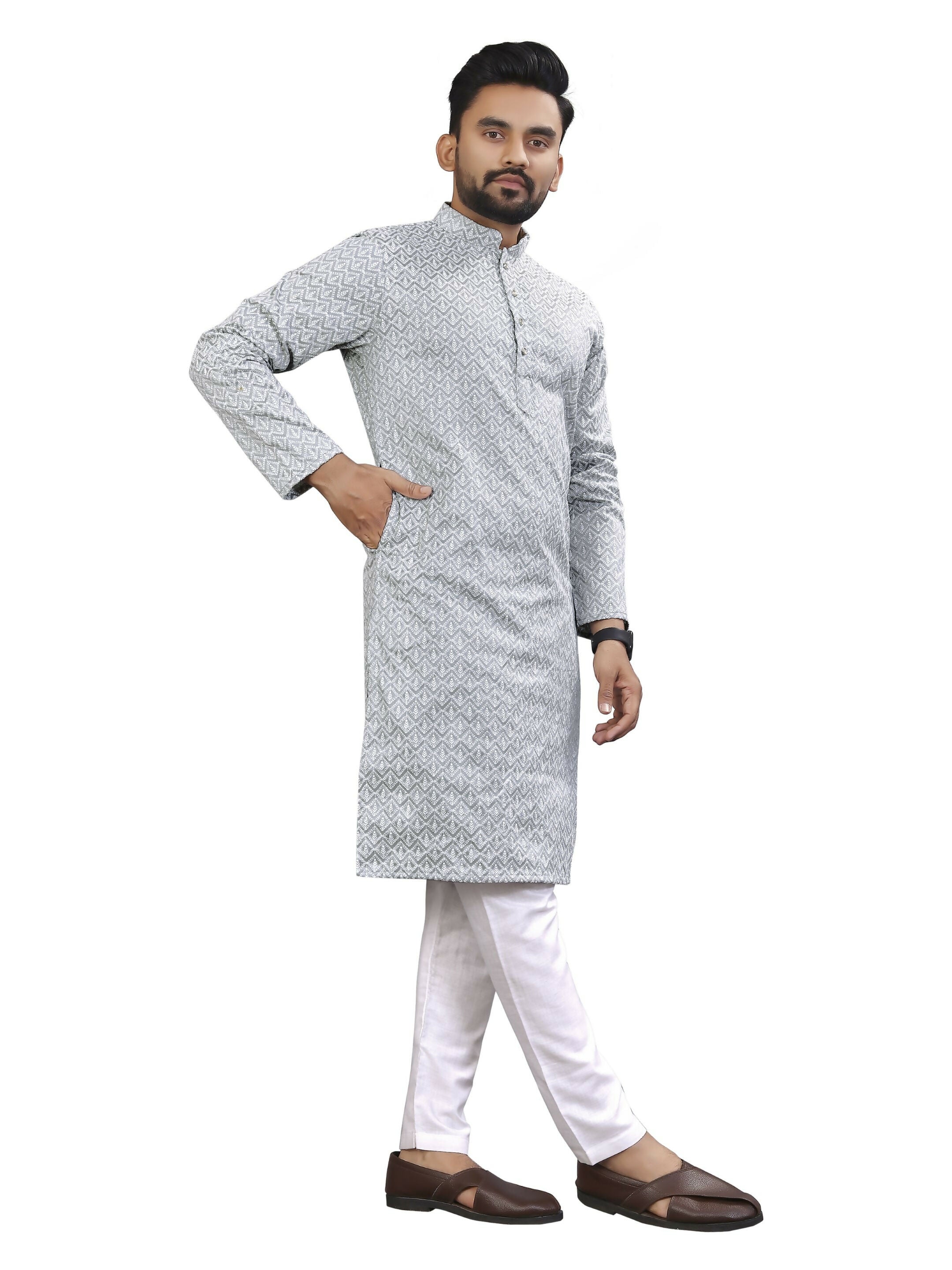 Anaita Grey Lucknowi Work Silk Straight Kurta - Distacart