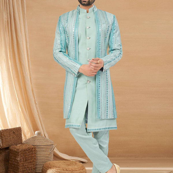 Joban Fashion Men's Sky Blue Heavy Art Silk Double Finish Plain Indowestern - Distacart