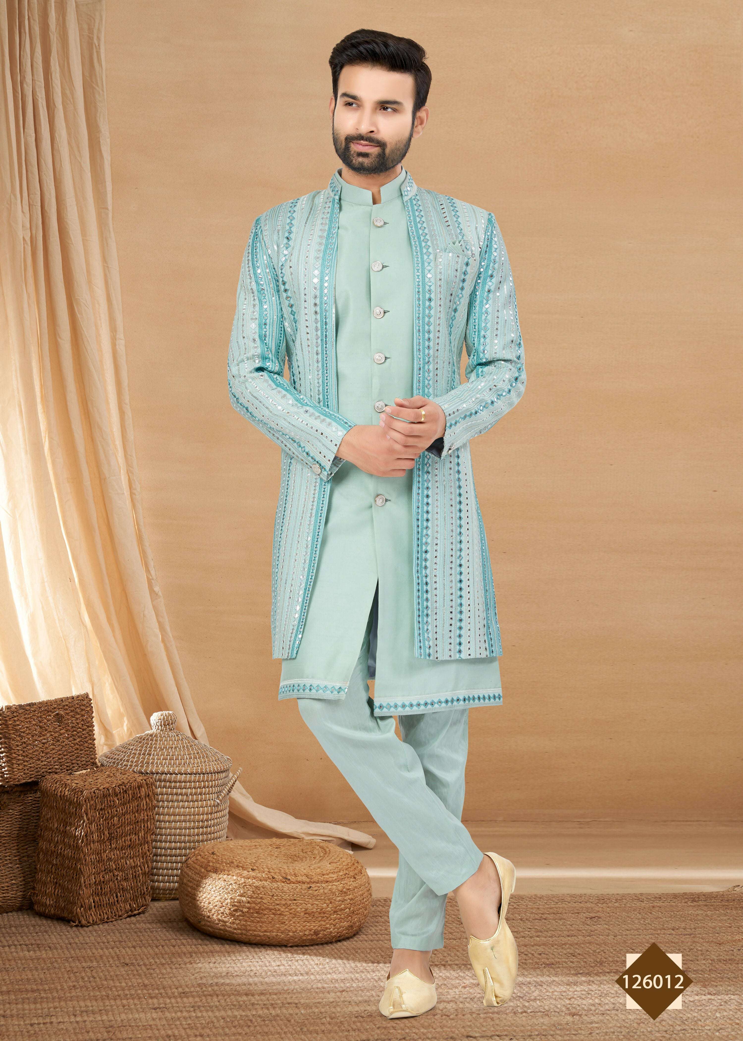Joban Fashion Men's Sky Blue Heavy Art Silk Double Finish Plain Indowestern