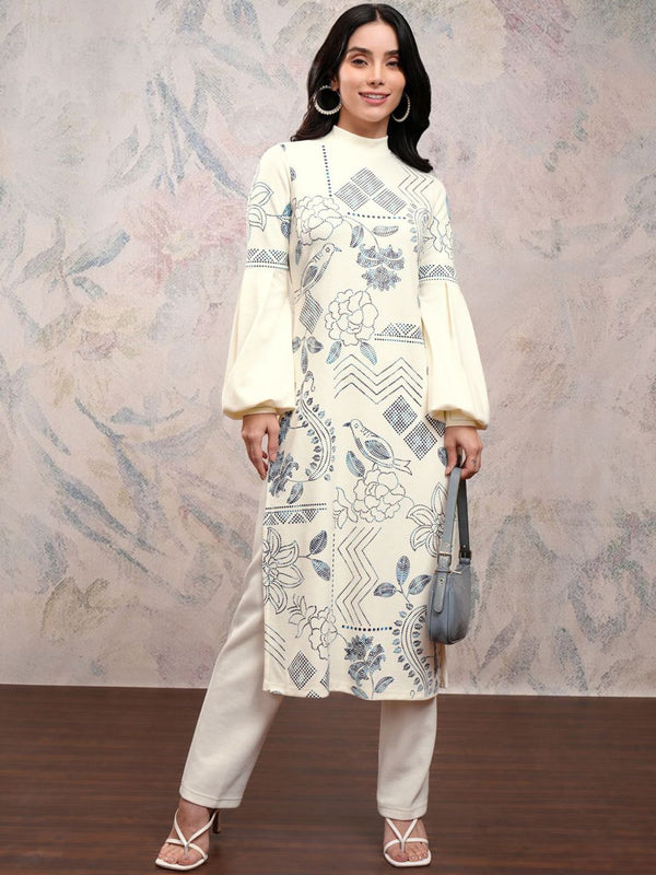 Vishudh Off-White Geometric Printed Regular Puff Sleeves Kurta