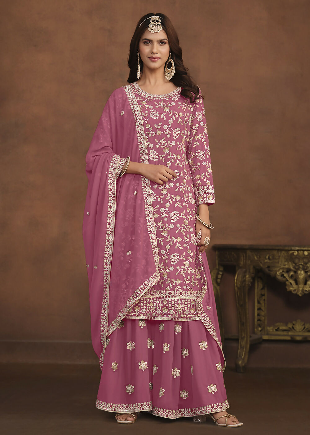 Faux Georgette Pink Embroidered Festive Salwar Suit - Emponline - Distacart