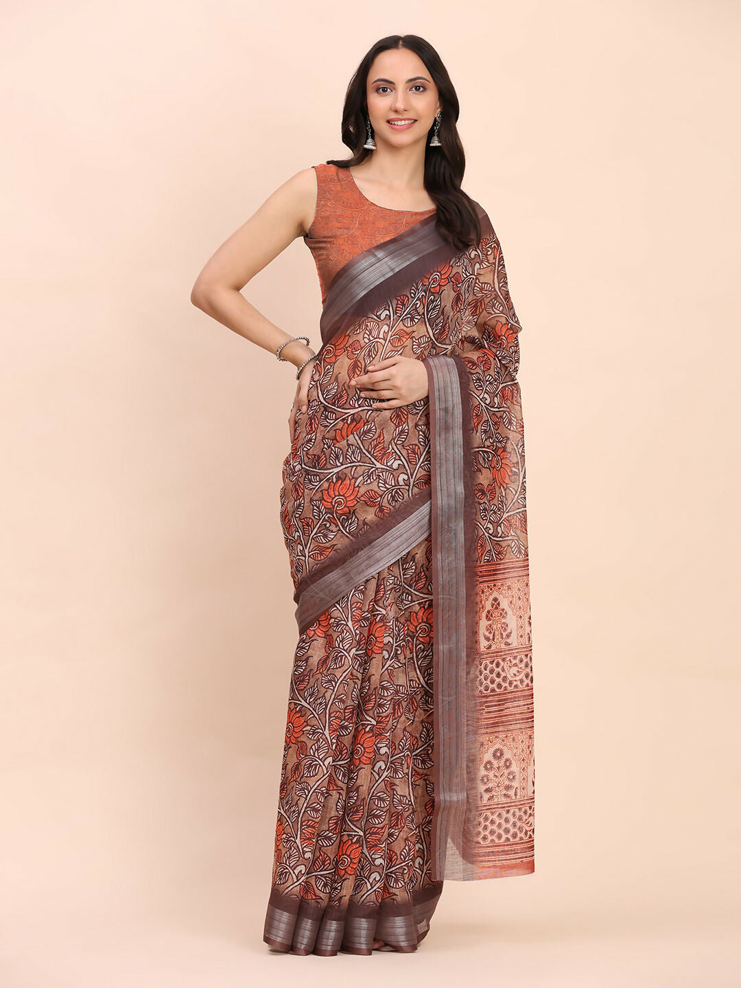 Astita Linen Cotton Brown Saree