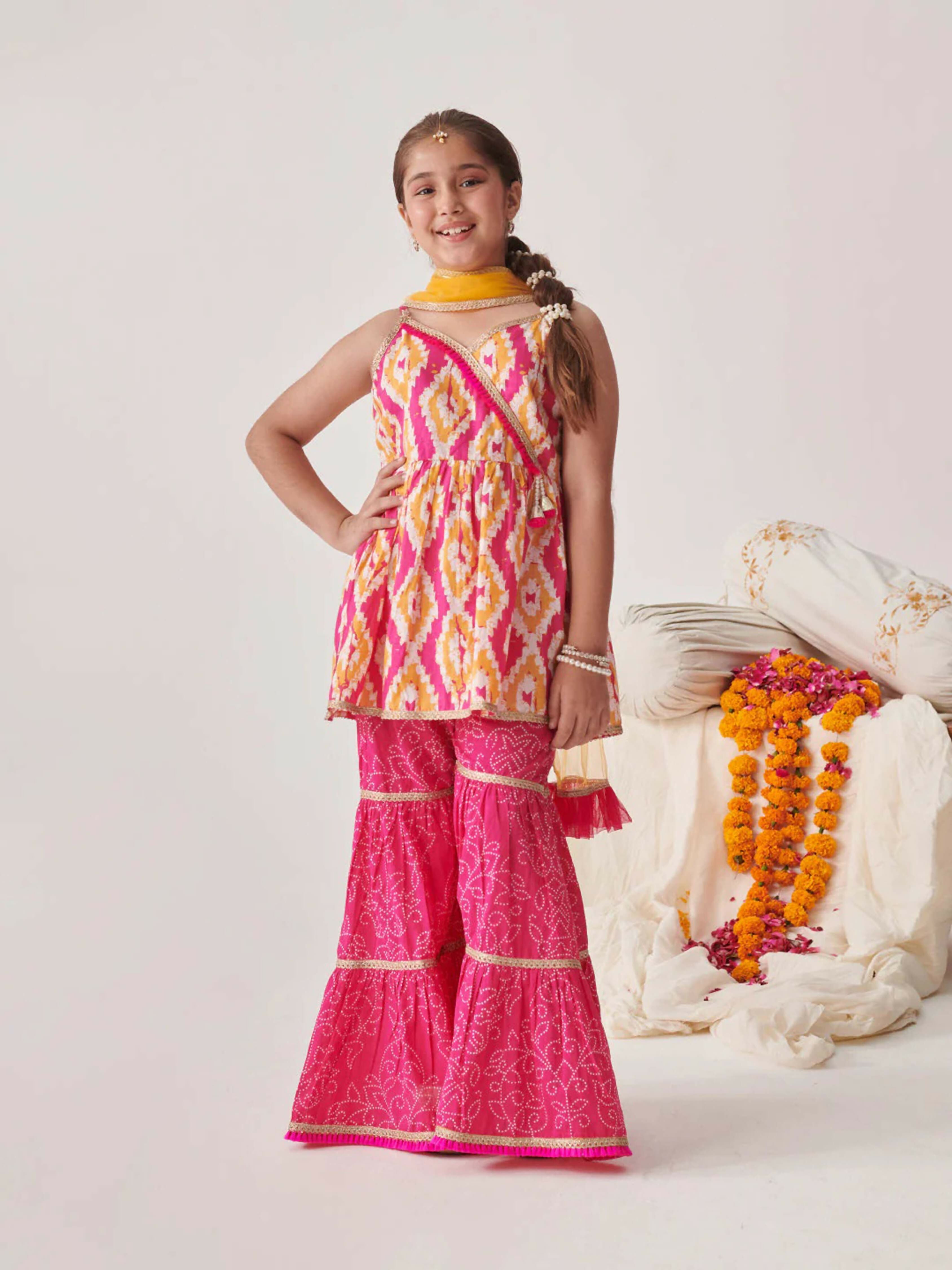 Joban Fashion Girl's Pink Yellow Color Sharara Set