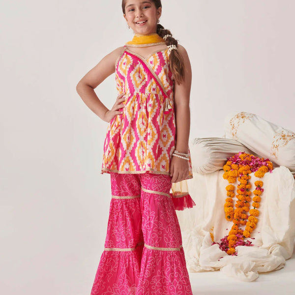Joban Fashion Girl's Pink Yellow Color Sharara Set