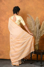 Thumbnail for Very Much Indian Handloom Pure Cotton Saree With Sleek Border - Light Peach - Distacart