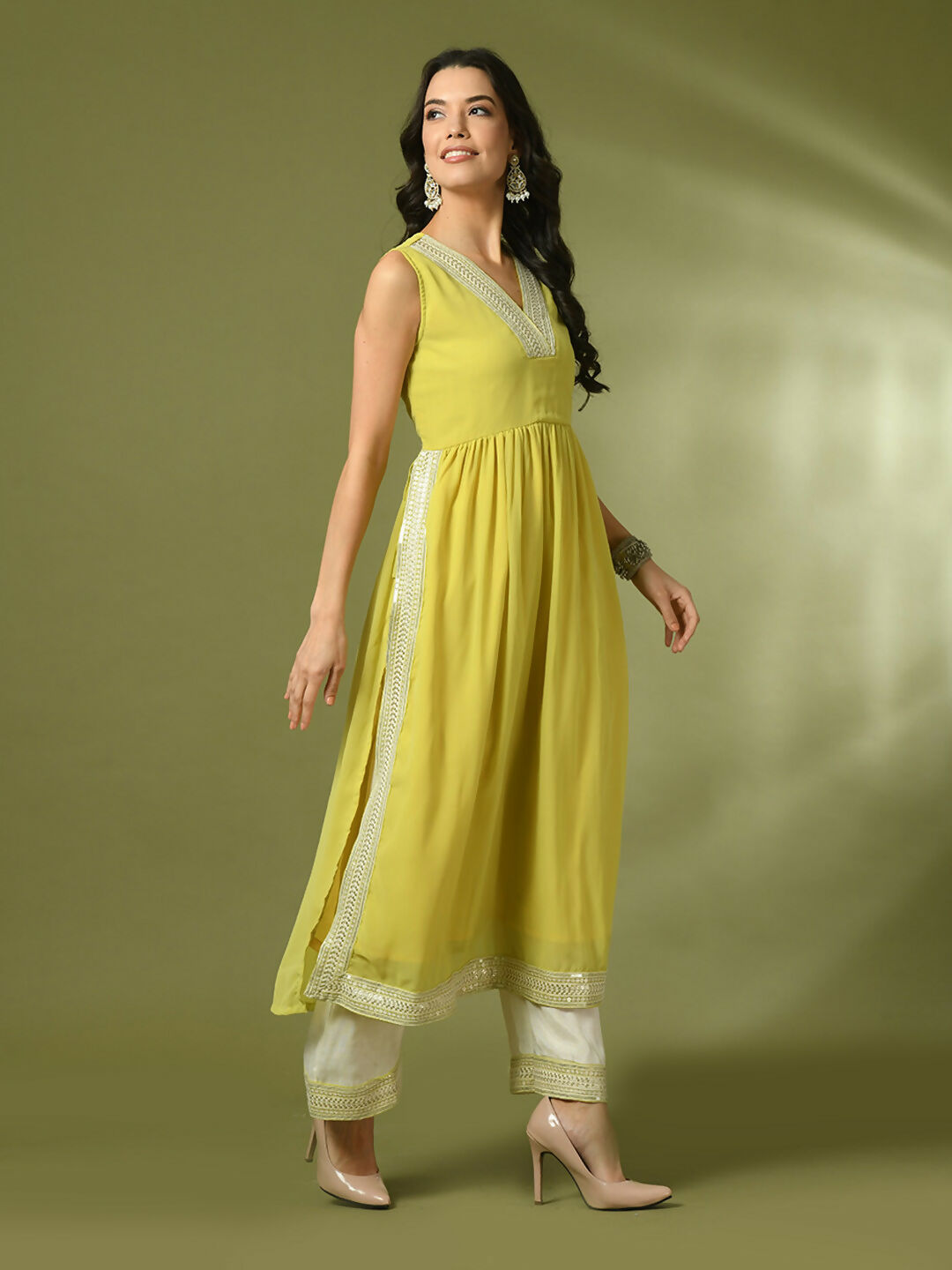 Myshka Women's Yellow Solid Georgette Anarkali Party Kurta Set - Distacart