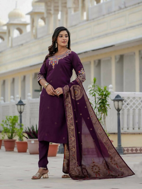 Preksha Creation Wedding Special Premium Roman Silk Coding Embroidery With Sequins Work Kurti Dupatta With Pant