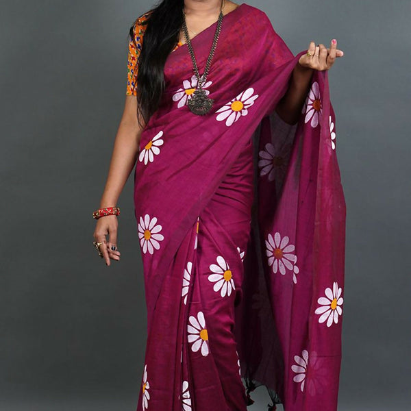 Exclusive Collection Maroon Pure Cotton Saree With Sunflower Design