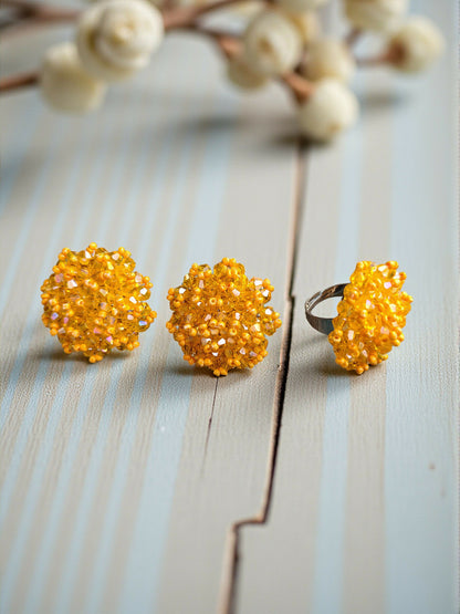 Inhanns Rangmani Crystal Duo – Adjustable Ring + Statement Earrings Set - Yellow - Distacart