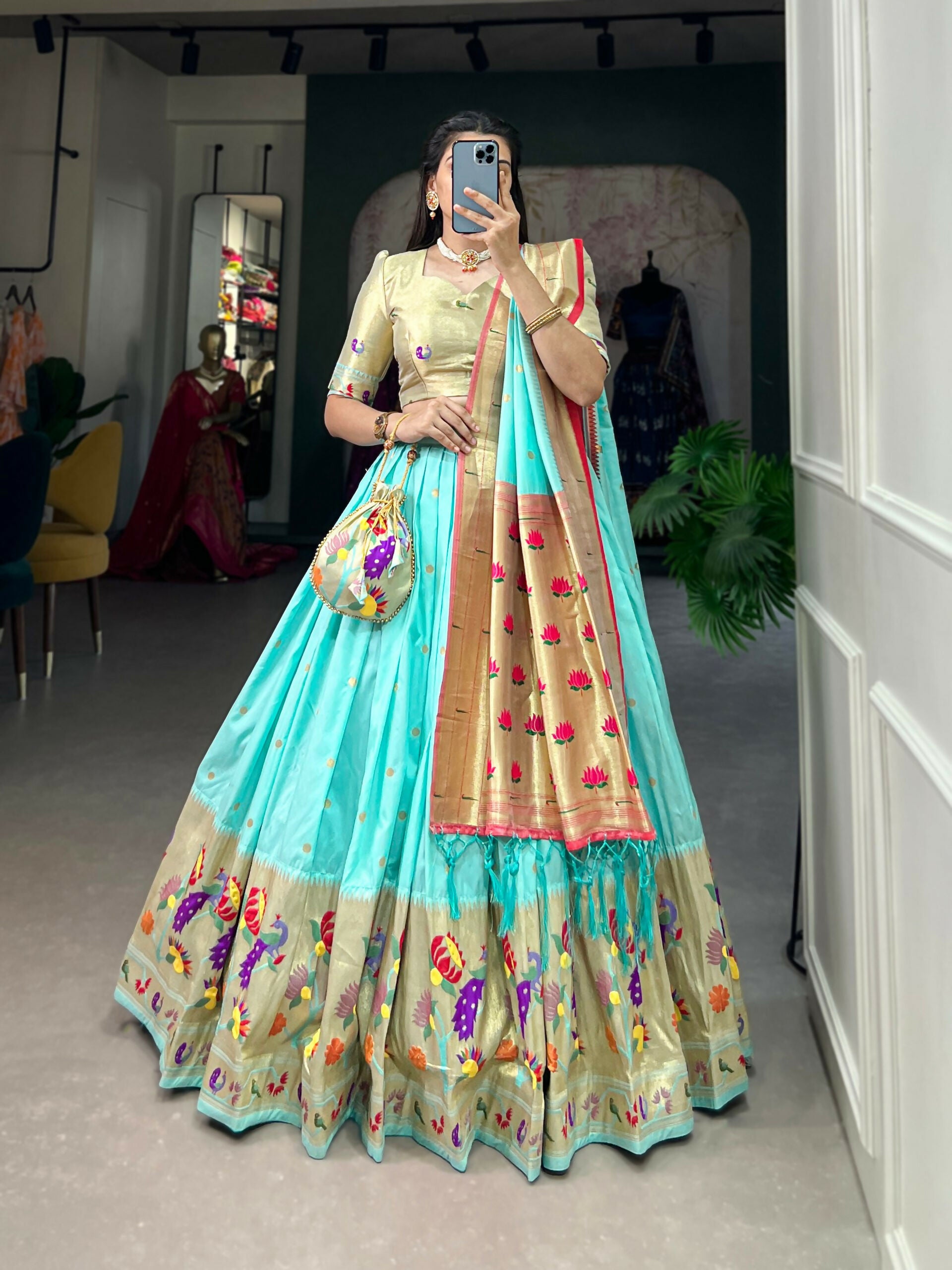 Vastranavya Traditional Jacquard Silk Paithani Lehenga Choli - Sky Blue - Distacart