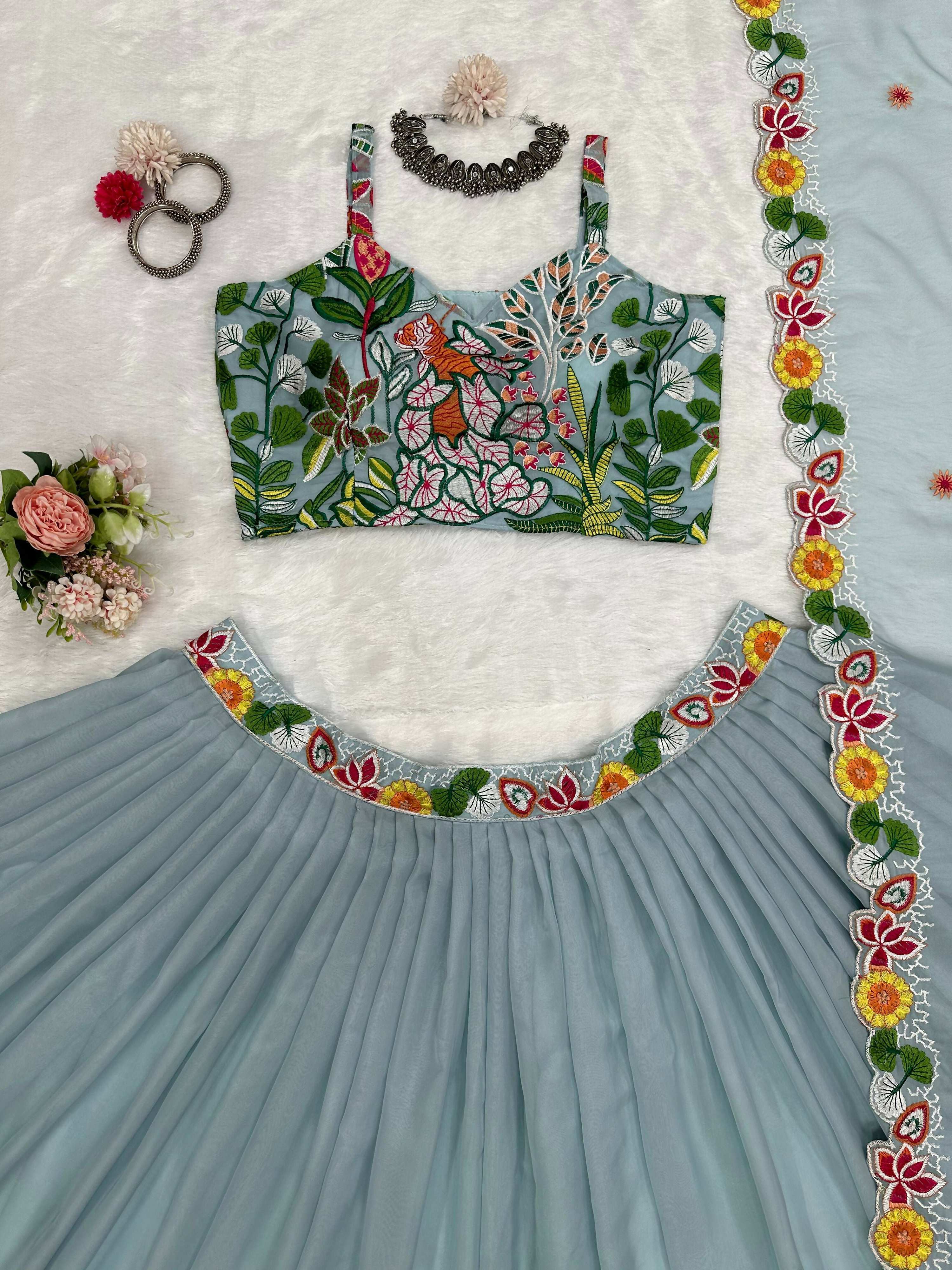 Preksha Creation Sky Blue Tabby Organza With Thread Women Lehanga Choli - Distacart