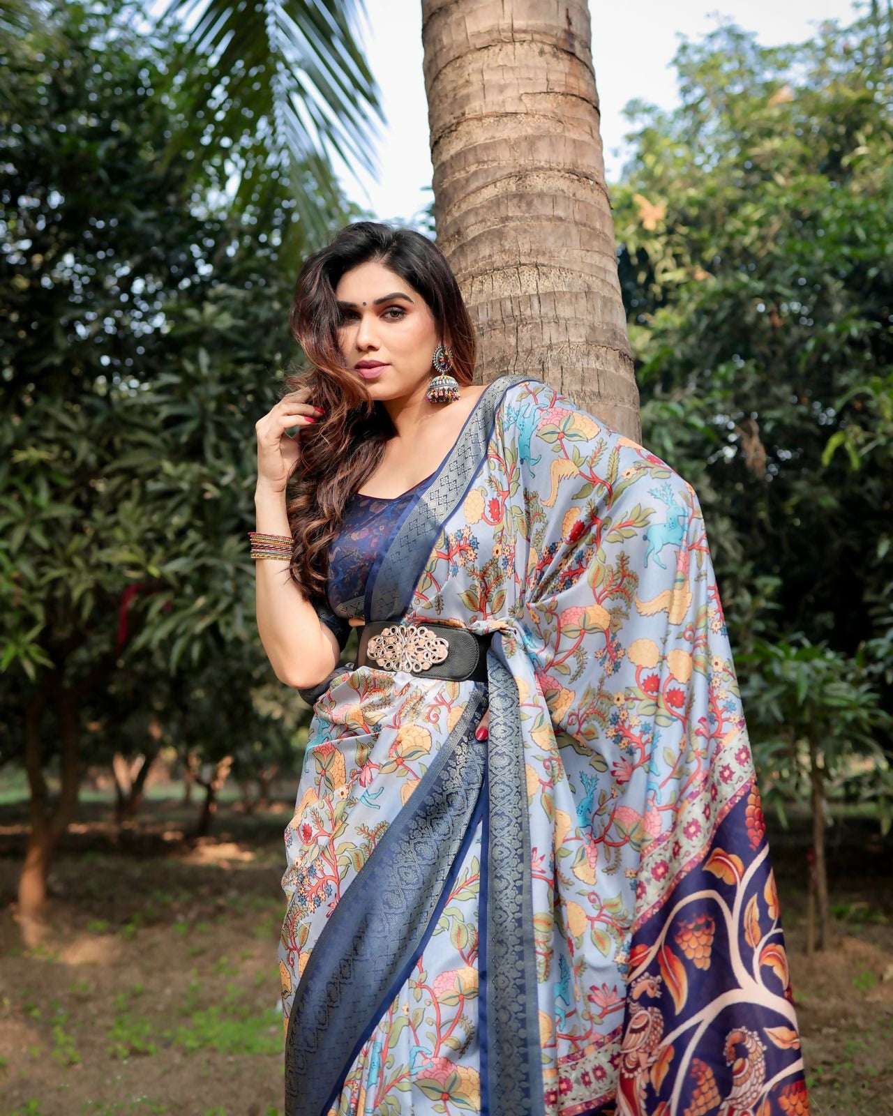 Preksha Creation Multicolor Wedding Premium Tussar Silk Kalamkari-Inspired Floral And Paisley Motif Women Saree