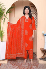 Thumbnail for Miravan Womens Floral Printed Straight Fit Kurta With Palazzo And Dupatta - Orange - Distacart