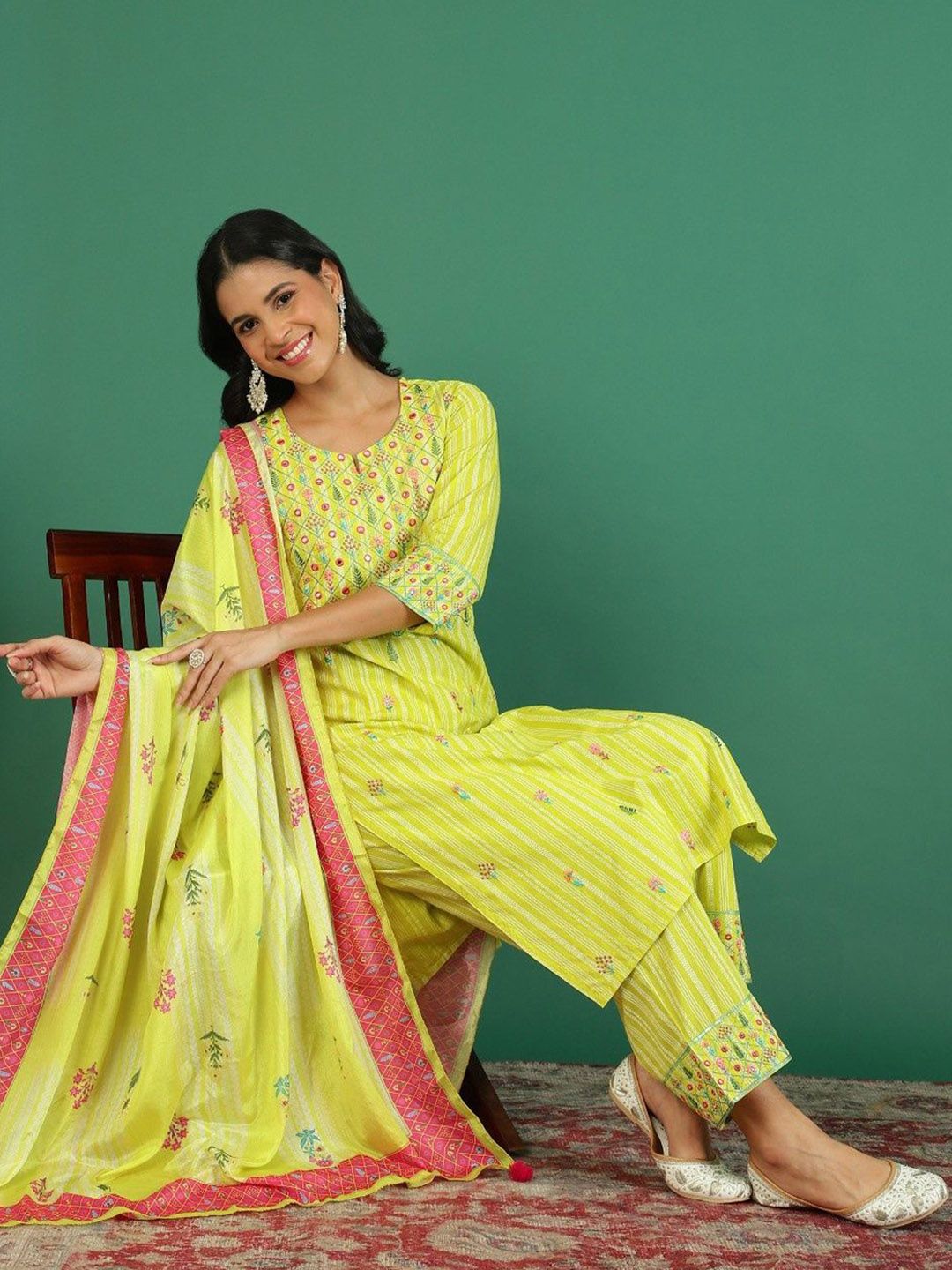 Sangria Pure Cotton Embroidered Kurta & Trouser With Dupatta