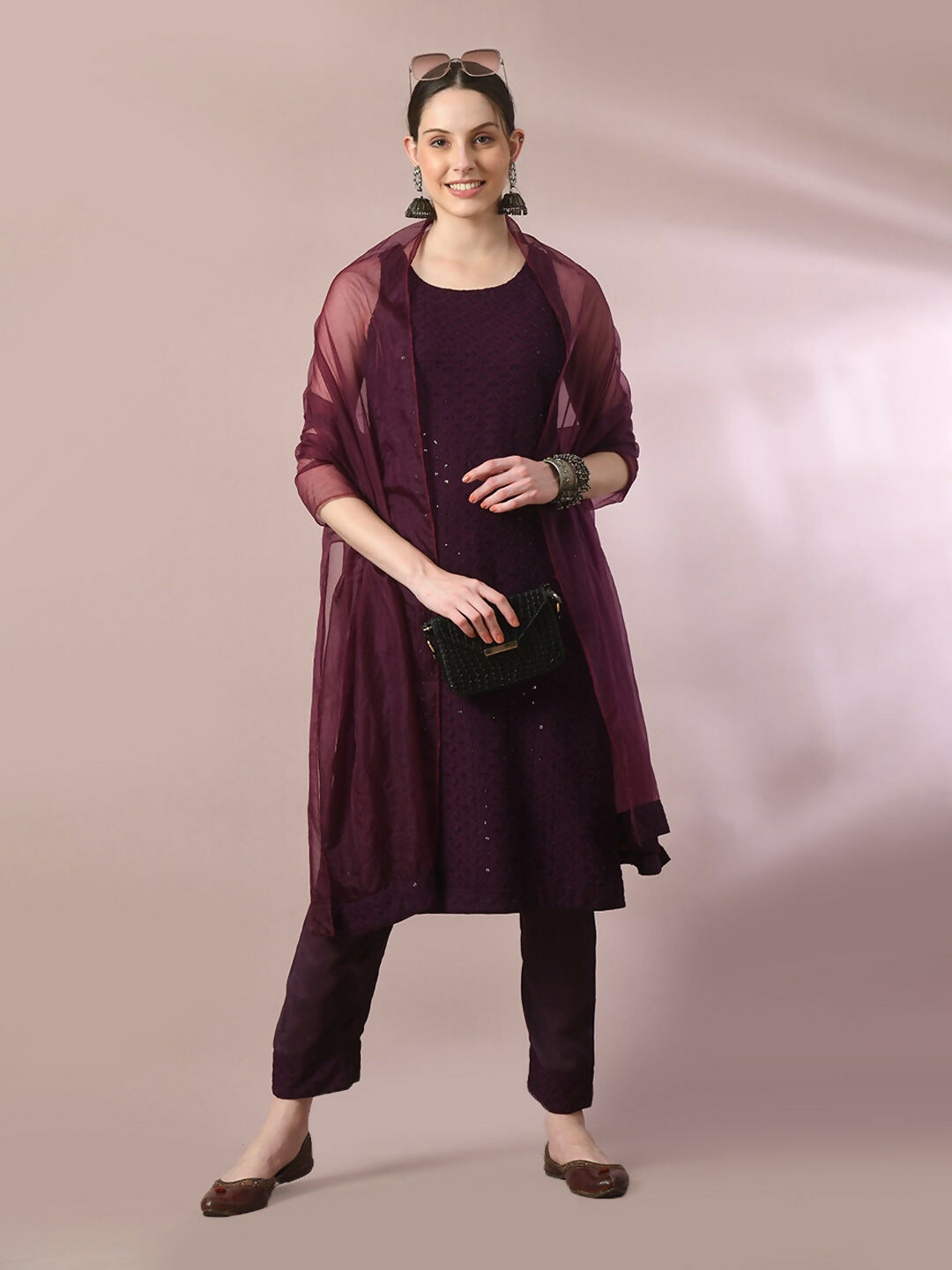 Myshka Women's Magenta Embroidered Cotton Straight Party Kurta Set With Dupatta - Distacart