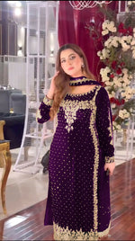 Thumbnail for Joban Fashion Purple Velvet Sequence Embroidery Work Kurta Set