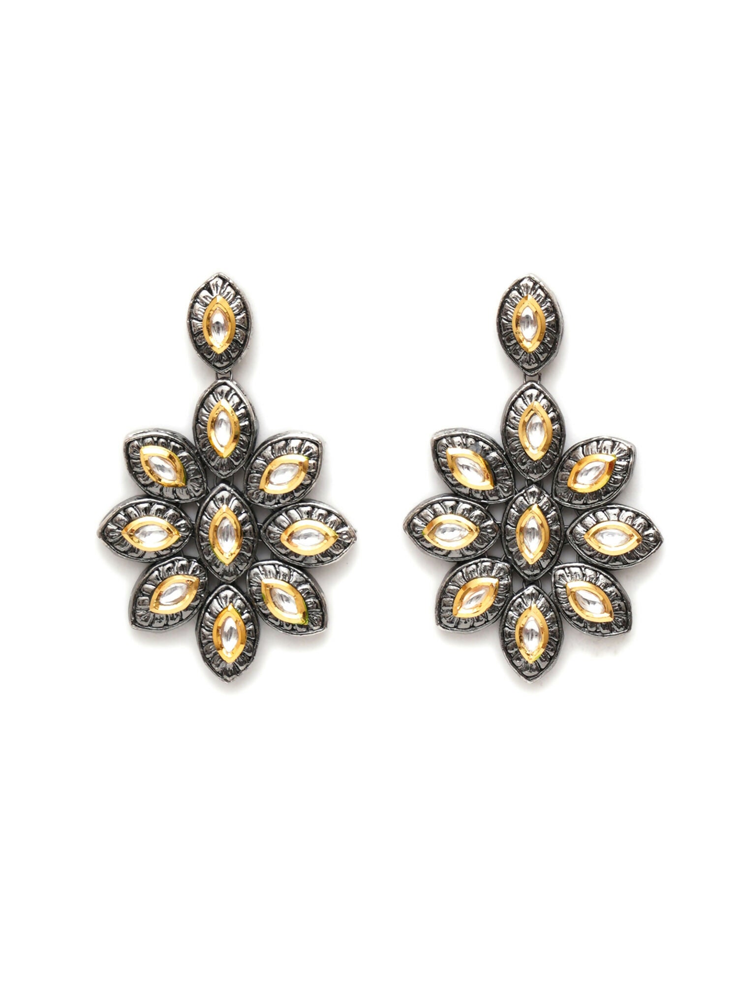 Dual Tone Kundan Flower Studs (silver) - Ruby Raang - Distacart