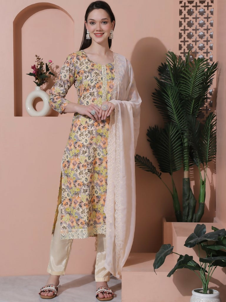 Jyoti Fashion Women's Multicolor Cotton Floral Digital Printed Kurta with Trouser & Dupatta - Distacart