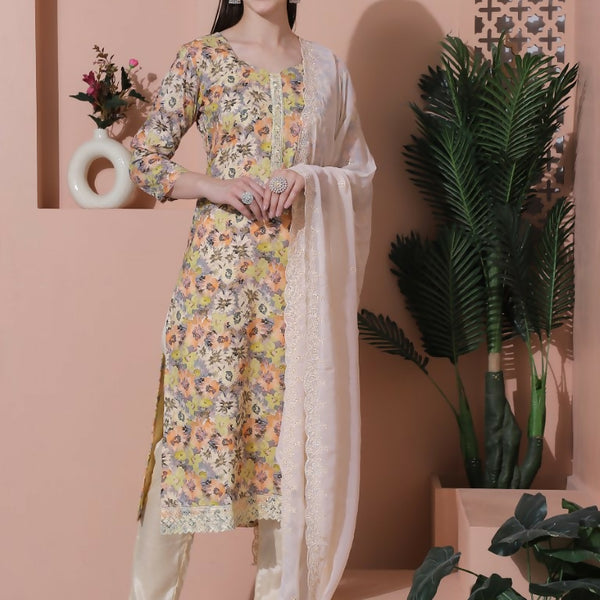 Jyoti Fashion Women's Multicolor Cotton Floral Digital Printed Kurta with Trouser & Dupatta - Distacart