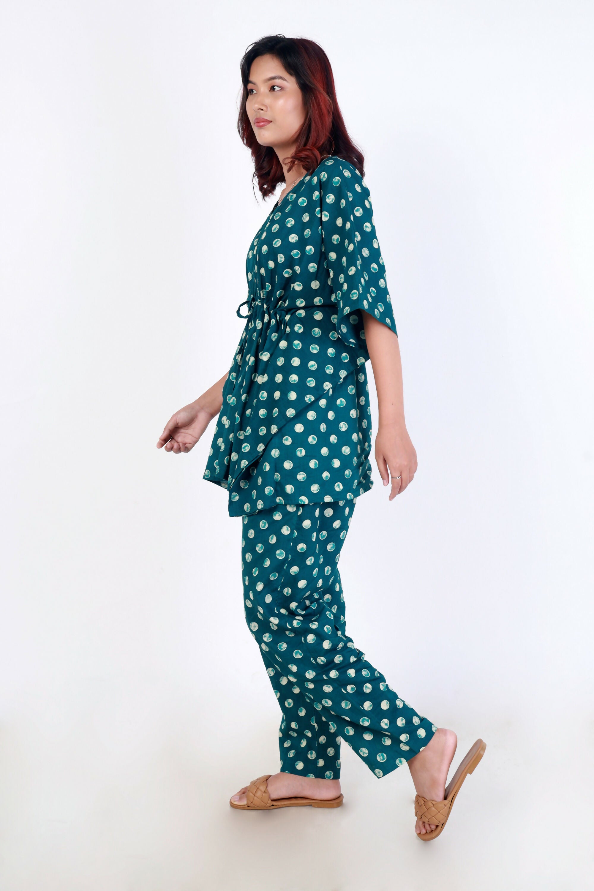 Breathables Green Polka Cotton Kaftan Co-Ord Set - Dista