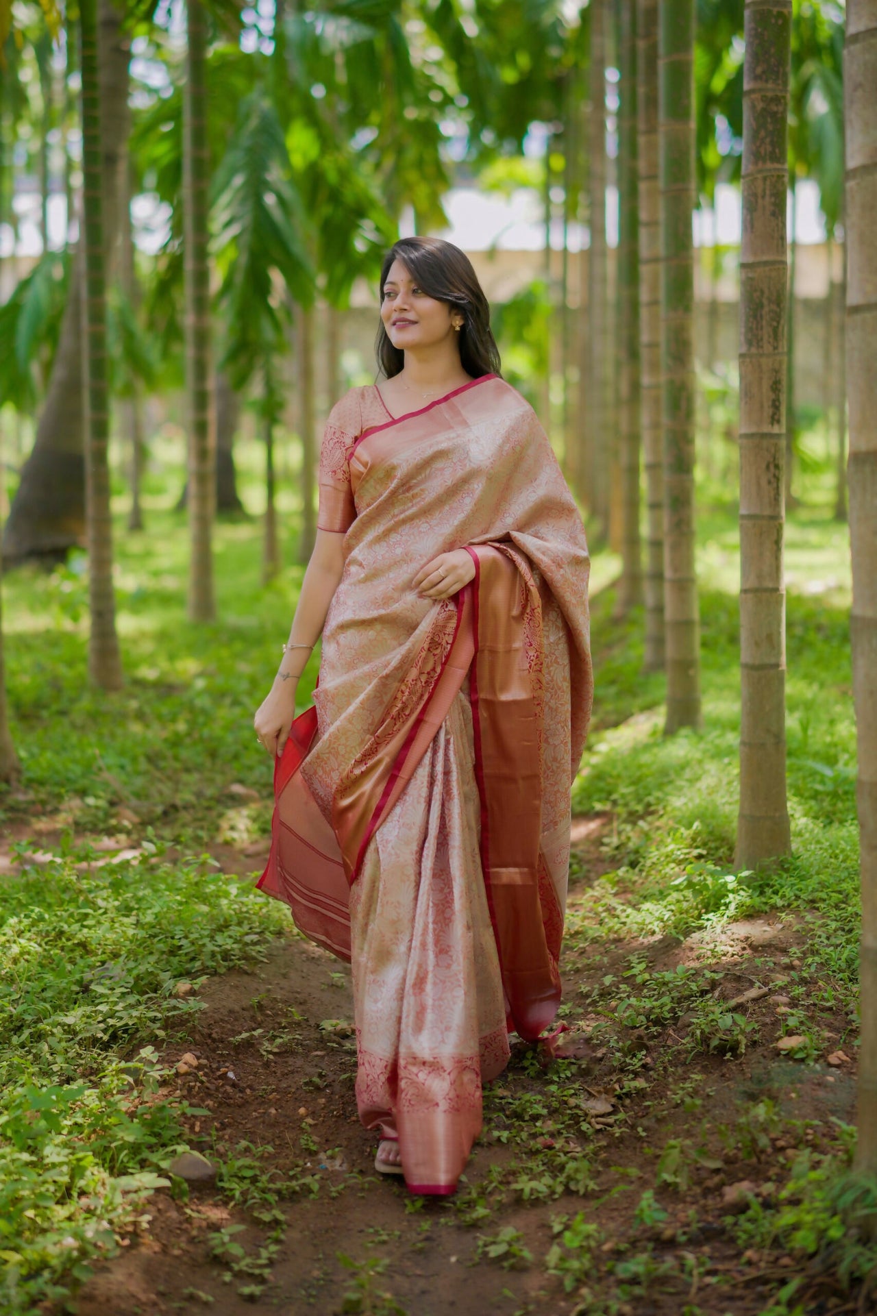 Prime Volt Bridal Kanchipuram Silk Saree with Rich Zari Weaving & Contrast Border-Orange - Dista