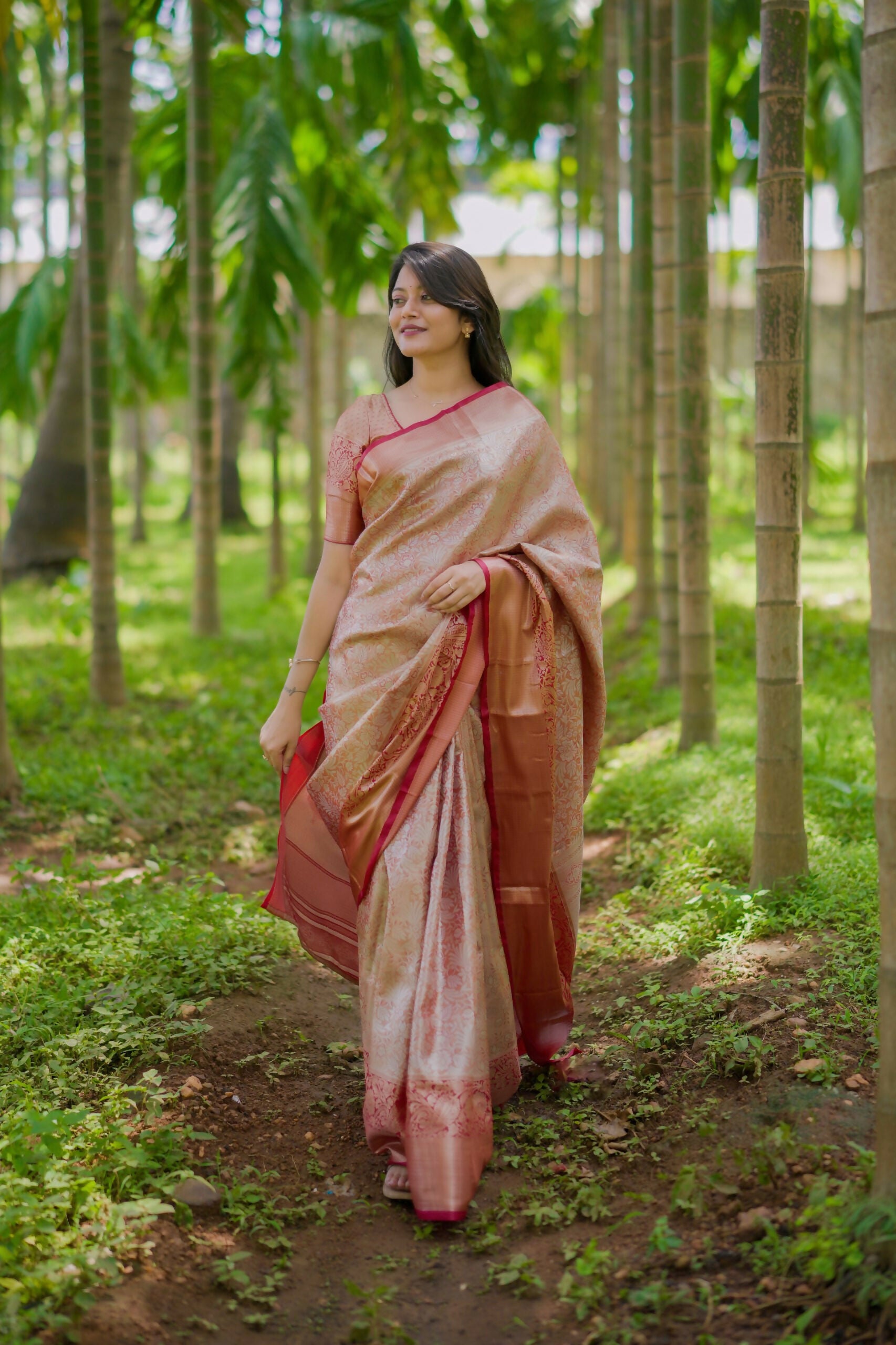 Prime Volt Bridal Kanchipuram Silk Saree with Rich Zari Weaving & Contrast Border-Orange - Dista