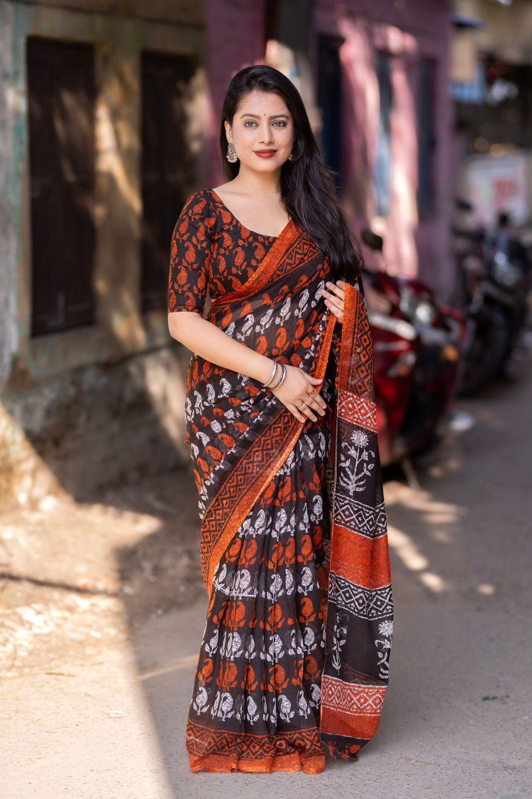 Orange Linen Blend Ethnic Motifs Saree with Unstitched Blouse - Hiral Fashion - Distacart